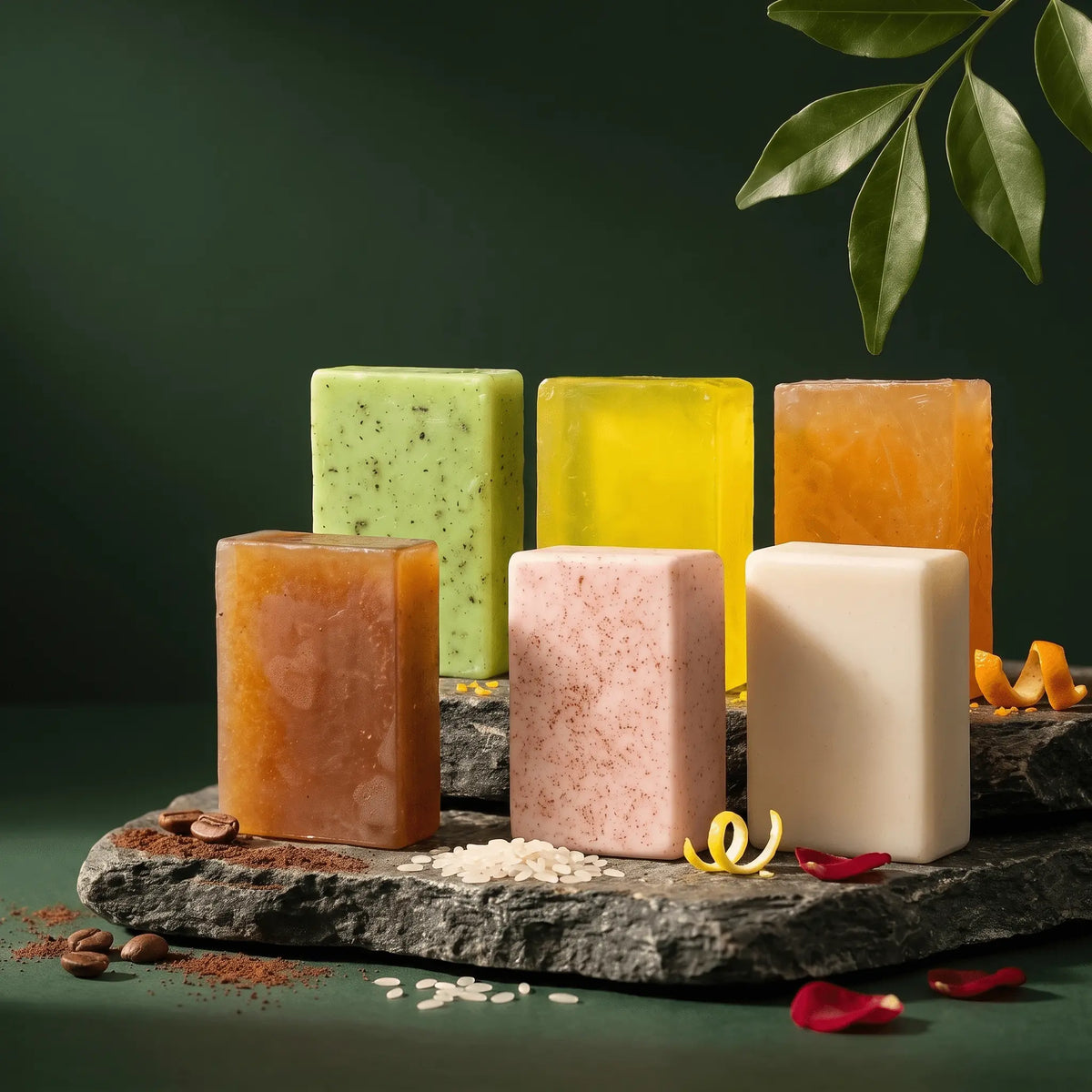 Six Urban Tree handmade soap bars on a stone slab with coffee beans, citrus and rose petals