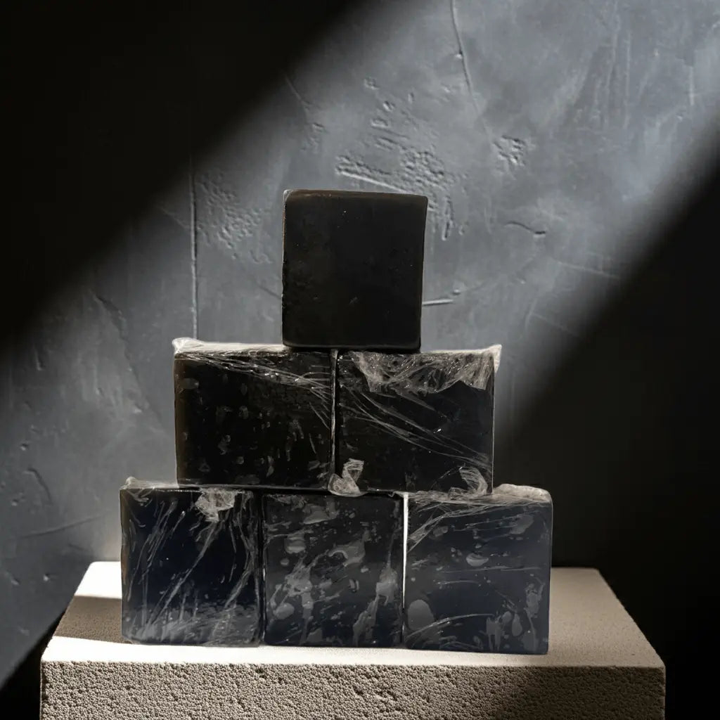 Urban Tree The Black Bar – stack of premium charcoal soap bars for face and body detox.