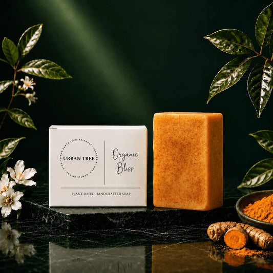 Turmeric Kojic Acid Soap handmade brightening soap 100g by Urban Tree Pakistan with turmeric soap bar, turmeric roots and luxury botanical skincare background