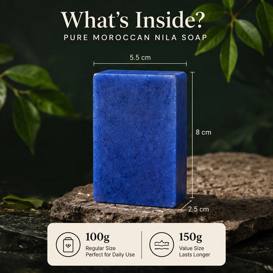 Moroccan Nila Soap bar on a stone slab measuring 5.5 by 8 by 2.5 cm, available in 100g regular and 150g value sizes