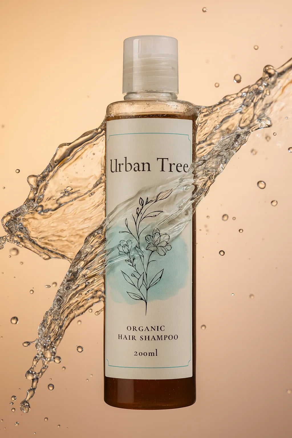 Organic Shampoo by Urban Tree captured mid-splash with clean water on beige background — representing freshness and sulfate-free gentle cleansing.