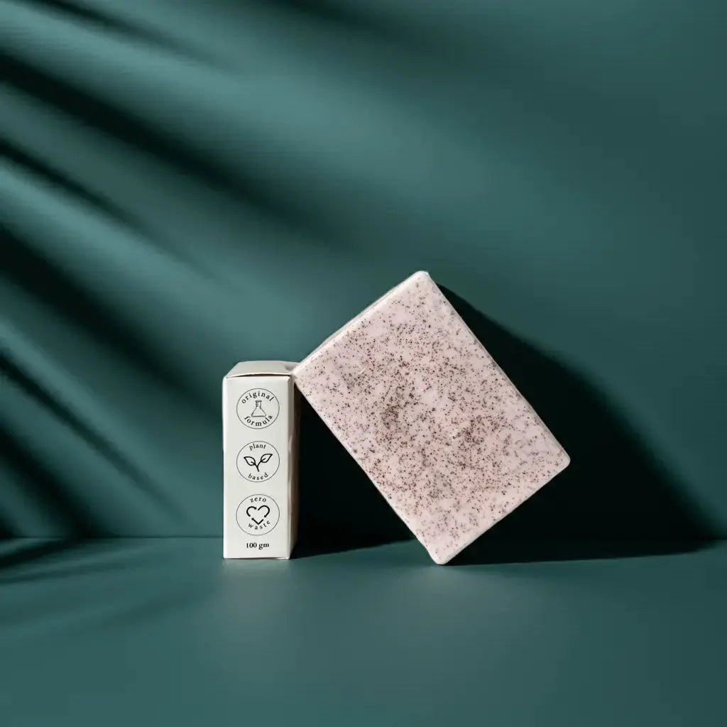 Urban Tree Acne Rescue Soap with side packaging showing eco friendly and vegan icons on green background