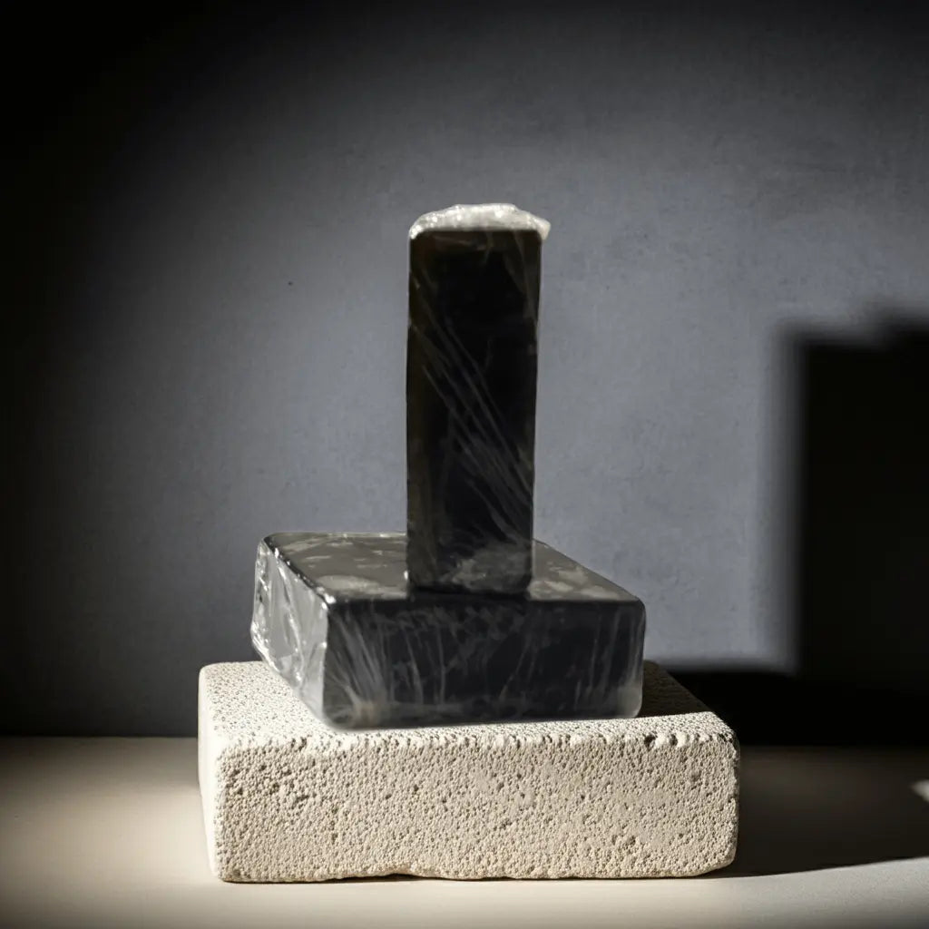Urban Tree Charcoal Activated Soap wrapped bar stacked on beige block under spotlight
