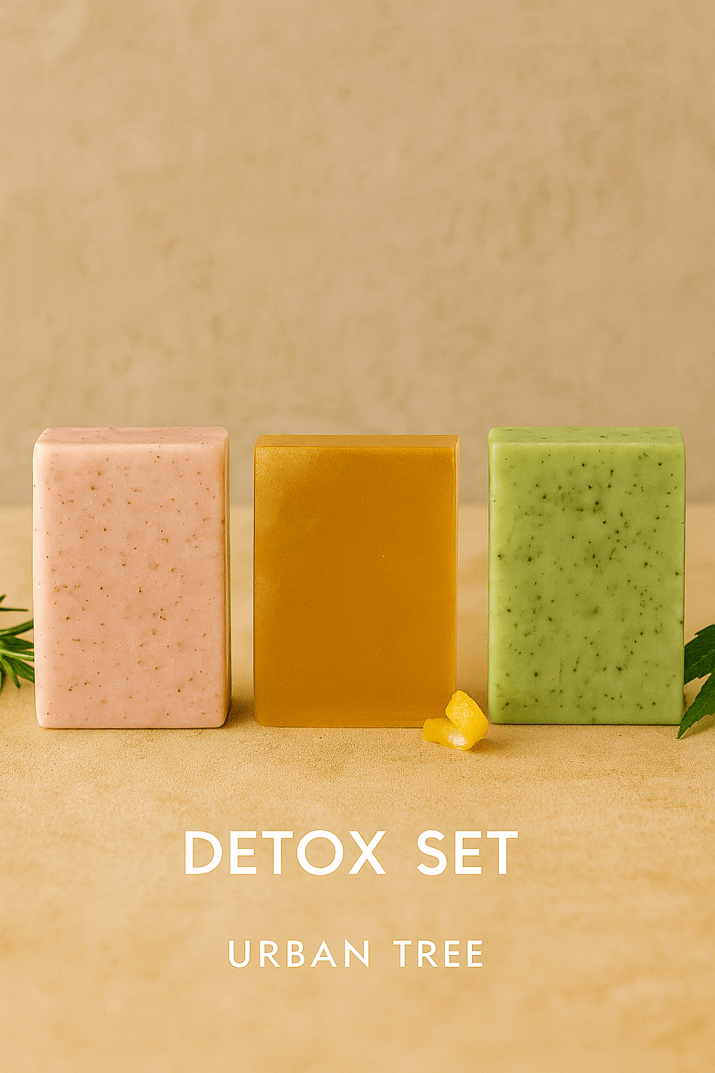 Urban Tree Detox Soap Set featuring three handmade organic soaps in pink, amber, and green, crafted in Pakistan for natural skin detox and deep cleansing.