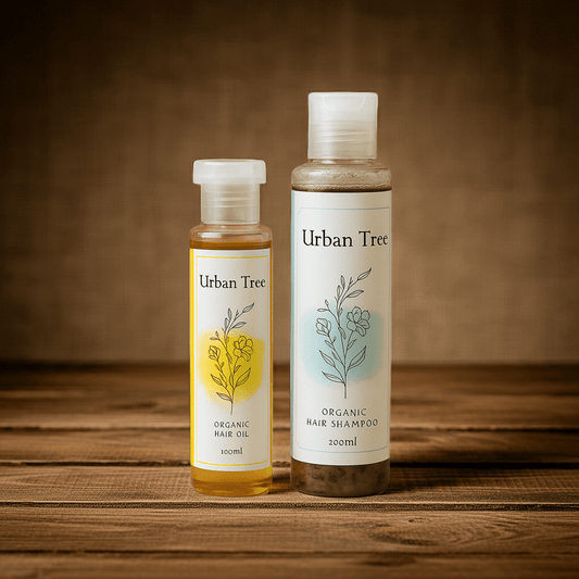 Urban Tree Hair Revival Duo – Organic Hair Oil 100ml and Sulfate Free Shampoo 200ml on wooden surface – natural hair care set in Pakistan