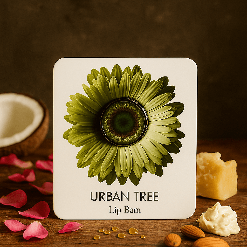 Urban Tree Lush Bloom Peach Lip Balm packaging with green floral design on wooden surface surrounded by shea butter, coconut, almonds and rose petals β organic nourishing lip care in Pakistan