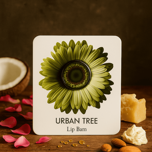 Urban Tree Lush Bloom Peach Lip Balm packaging with green floral design on wooden surface surrounded by shea butter, coconut, almonds and rose petals – organic nourishing lip care in Pakistan