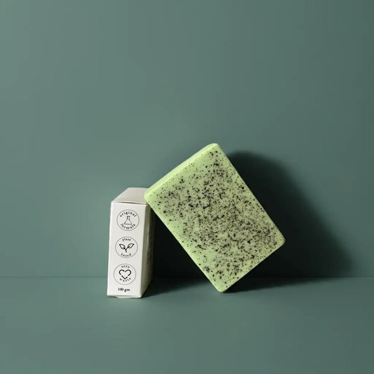 Urban Tree Neem Soap with side packaging showing eco friendly and vegan icons on green background