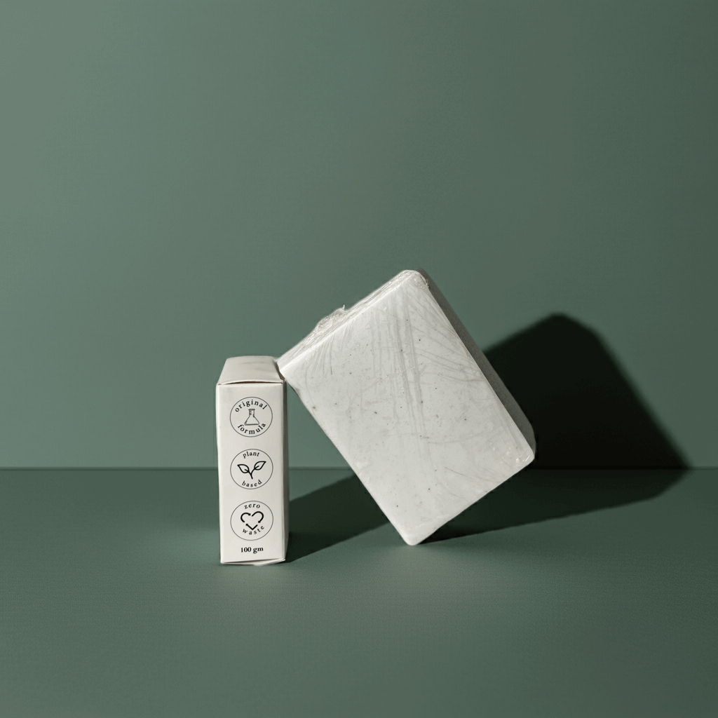 Urban Tree Rice Radiance Soap with side packaging showing eco friendly and vegan icons on green background