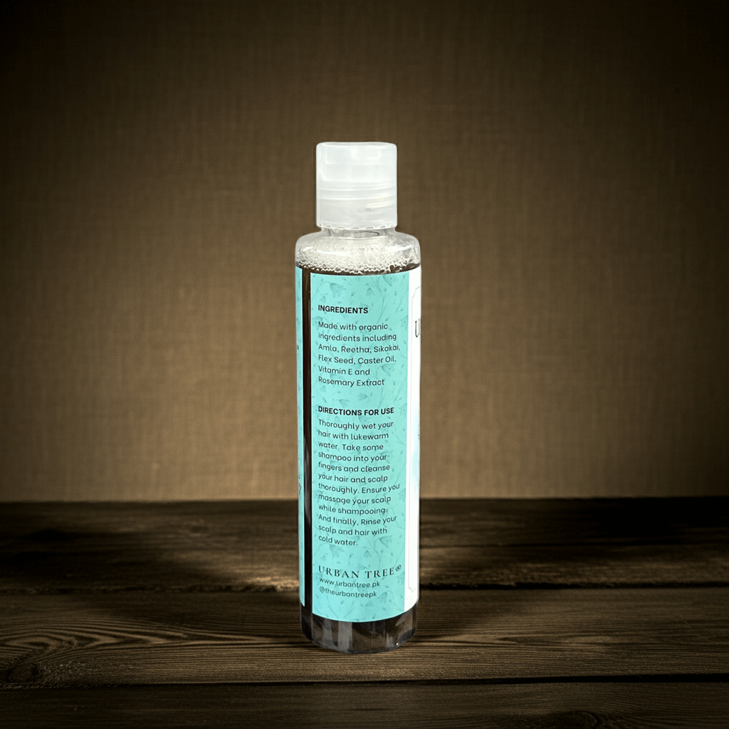 Urban Tree Sulfate Free Organic Hair Shampoo 200ml back label with natural ingredients and usage directions – organic hair care product in Pakistan