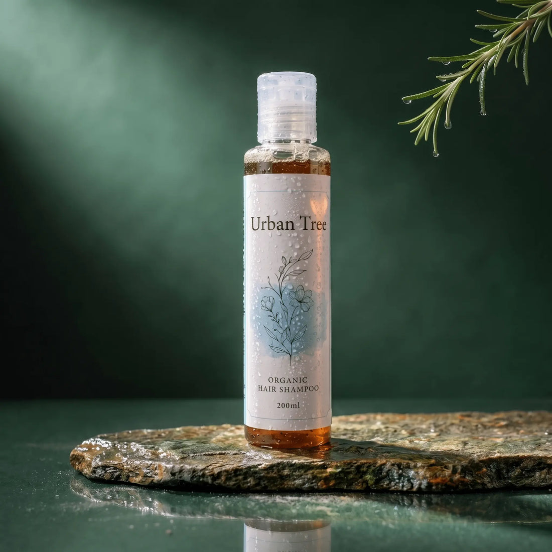 Urban Tree Organic Sulfate Free Shampoo 200ml bottle with water droplets