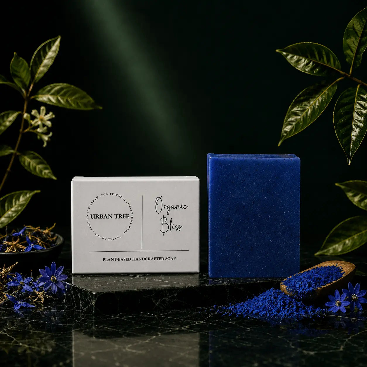 Moroccan Nila Soap handmade brightening soap 100g by Urban Tree Pakistan with deep blue soap bar, nila powder and luxury botanical background
