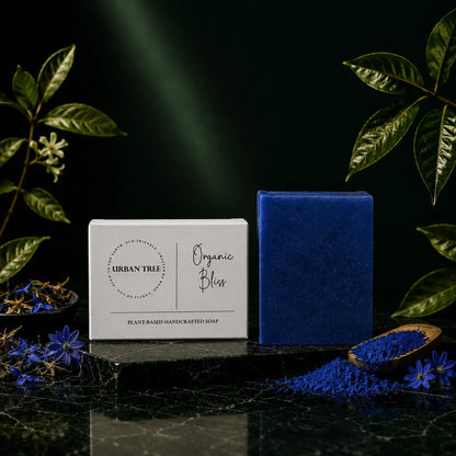Moroccan Nila Soap handmade brightening soap 100g by Urban Tree Pakistan with deep blue soap bar, nila powder and luxury botanical background