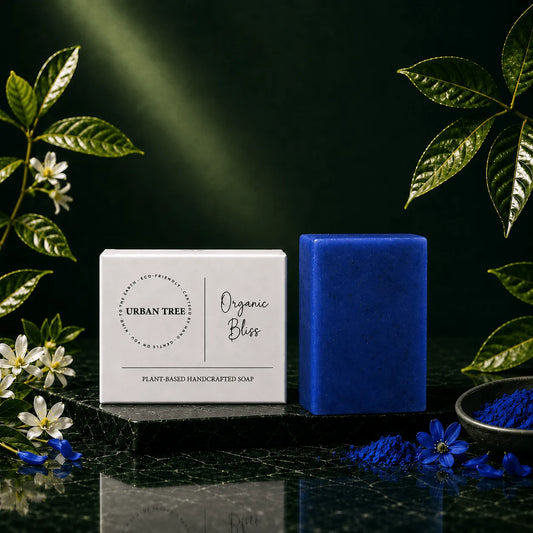 Moroccan Nila Soap handmade brightening soap 100g by Urban Tree Pakistan with deep blue soap bar, nila powder and luxury botanical background