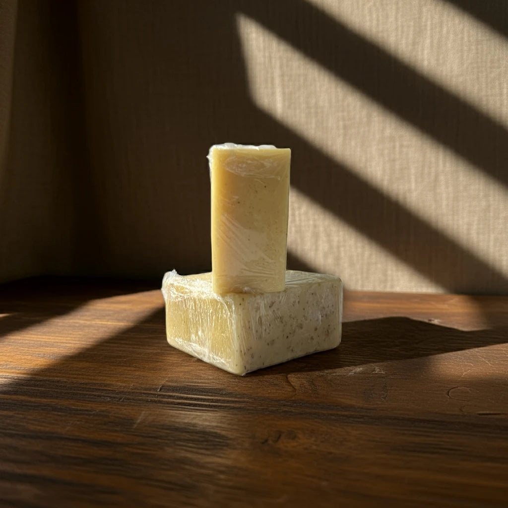 Organic Turmeric Kojic Acid Soap creating brightening golden bars by Urban Tree Pakistan
Two pieces of soap stacked on a wooden surface with a textured wall in the background