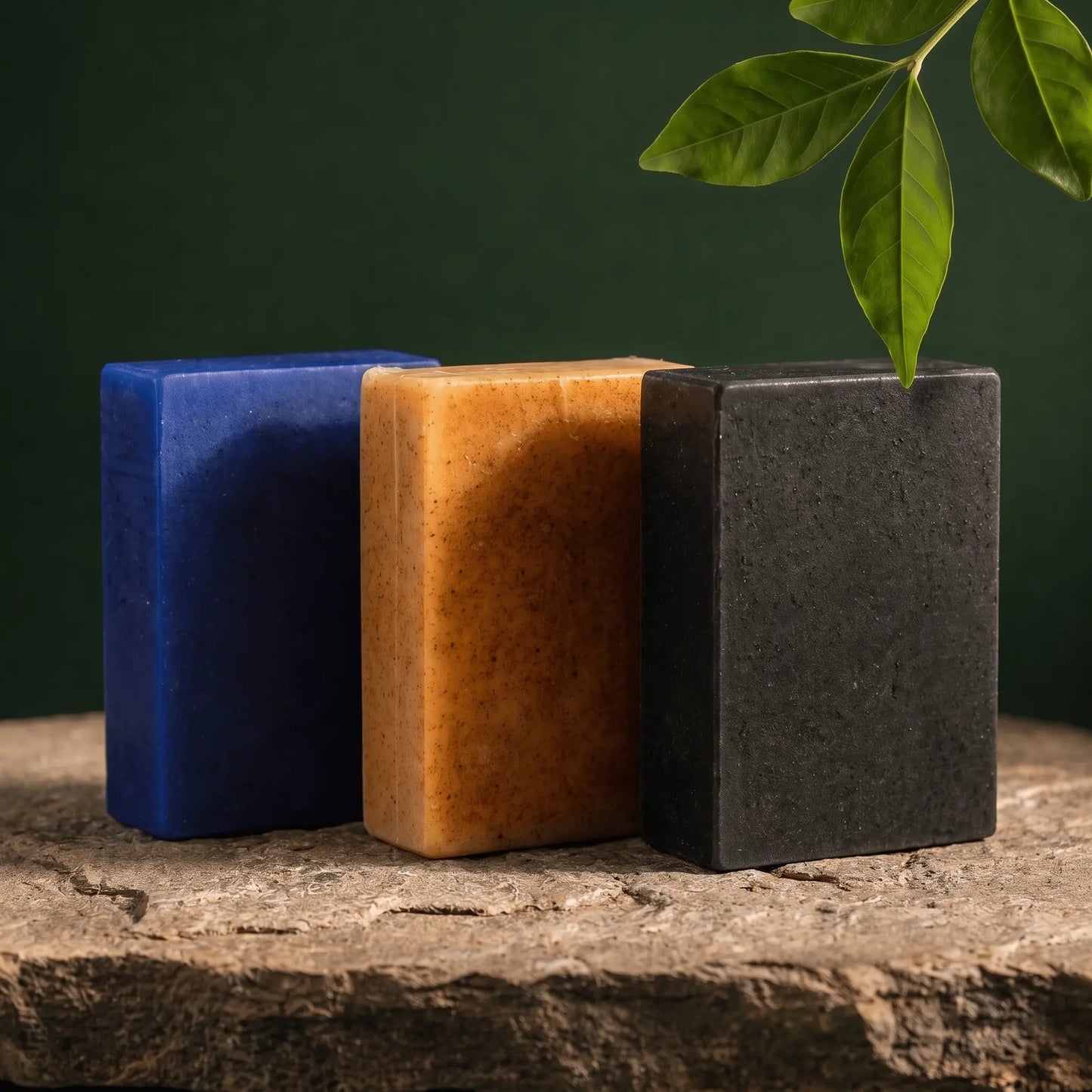 Premium Skincare Trio soap bundle by Urban Tree Pakistan featuring Moroccan Nila, Turmeric Kojic Acid, and Charcoal Activated soap bars 100g on natural stone with botanical dark green background