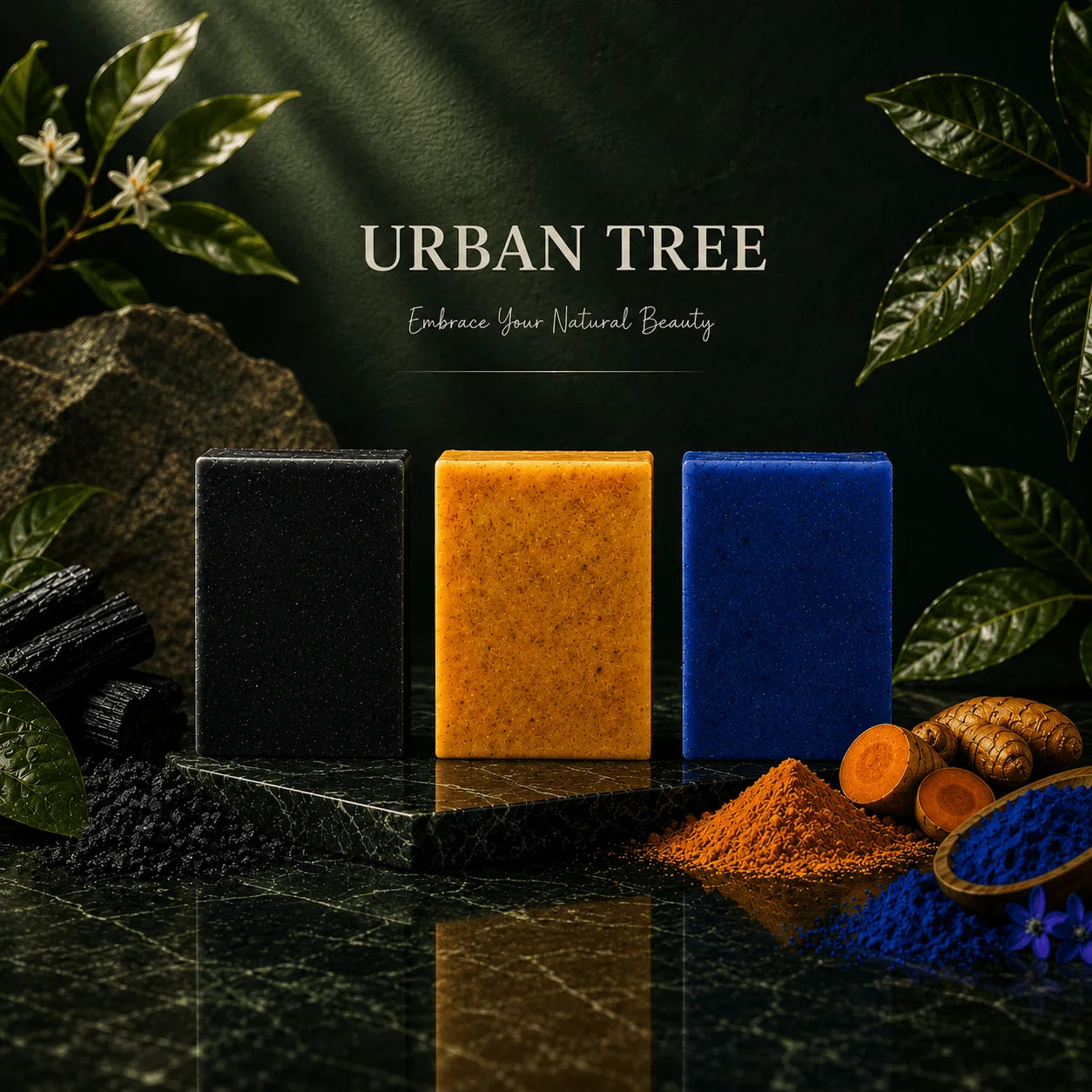 Premium Soap Bundle with charcoal soap, Moroccan nila soap and turmeric kojic acid soap 100g by Urban Tree Pakistan on soft neutral fabric background
