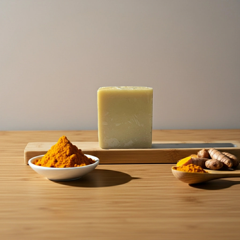 Turmeric and Kojic Acid Soap for natural skin brightening and dark-spot reduction by Urban Tree Pakistan, handmade herbal yellow bar.