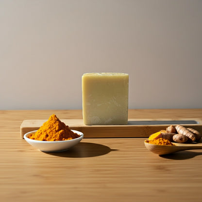 Turmeric and Kojic Acid Soap for natural skin brightening and dark-spot reduction by Urban Tree Pakistan, handmade herbal yellow bar.