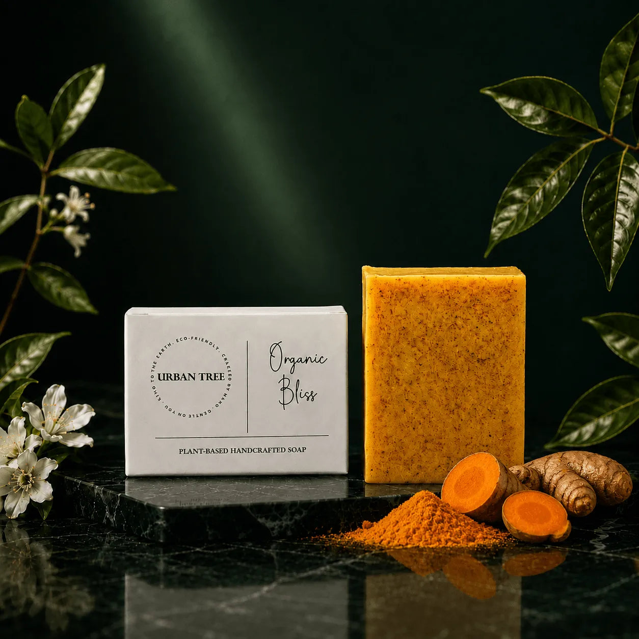 Turmeric Kojic Acid Soap handmade brightening soap 100g by Urban Tree Pakistan with turmeric soap bar, turmeric roots and luxury botanical skincare background