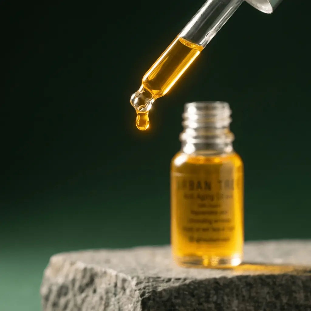 Close-up of Urban Tree Anti Age Elixir golden face oil dropping from a glass pipette into the bottle
