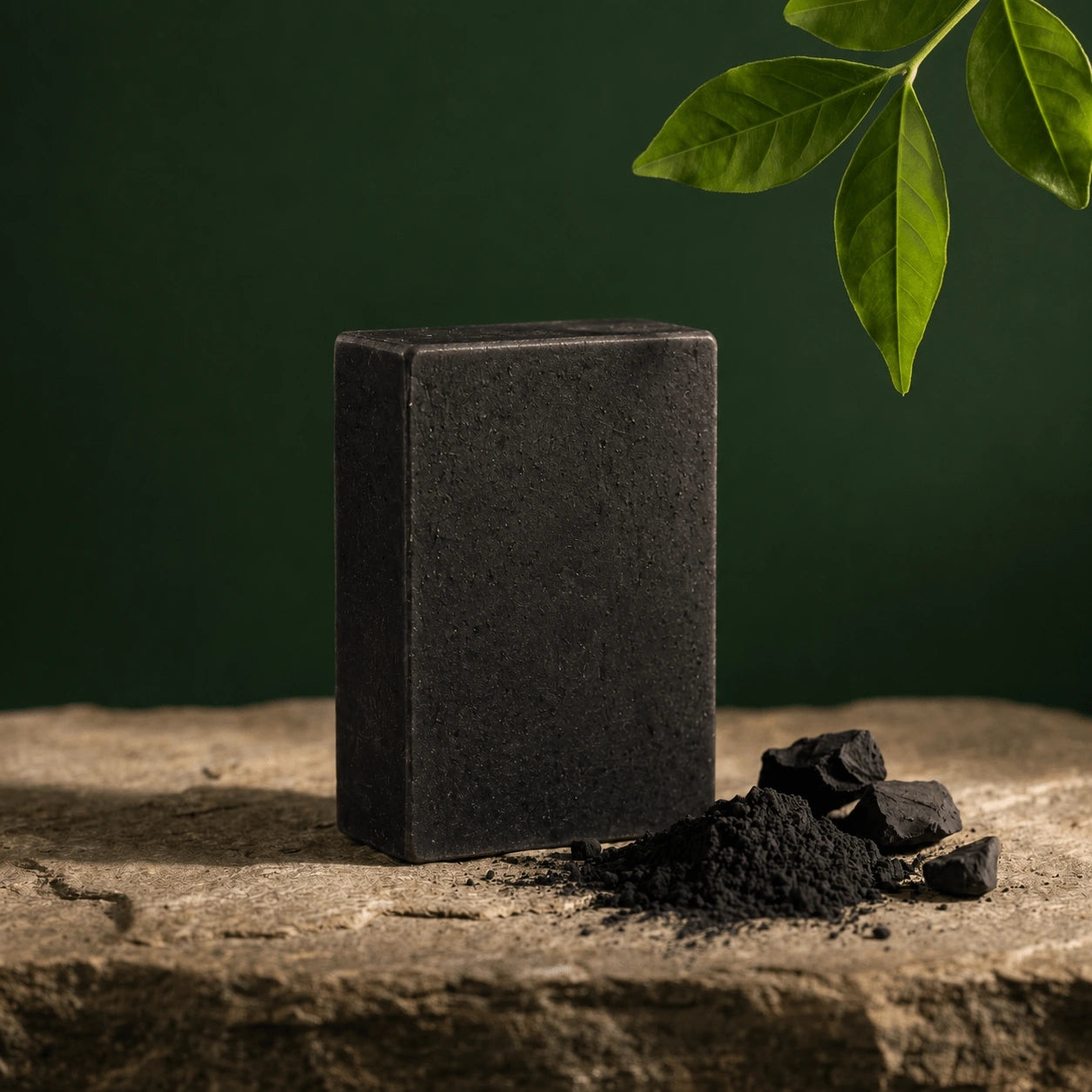 Urban Tree Charcoal Soap with activated charcoal powder and charcoal pieces on a dark stone surface