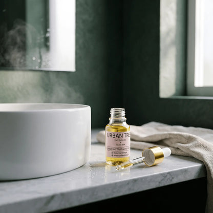 Urban Tree Glass Skin Elixir face glow oil beside a bathroom basin with its glass dropper
