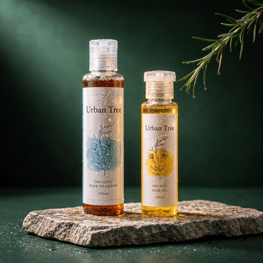 Urban Tree Hair Revival Duo: Organic Shampoo 200ml and Organic Hair Oil with Rosemary 100ml on a stone slab