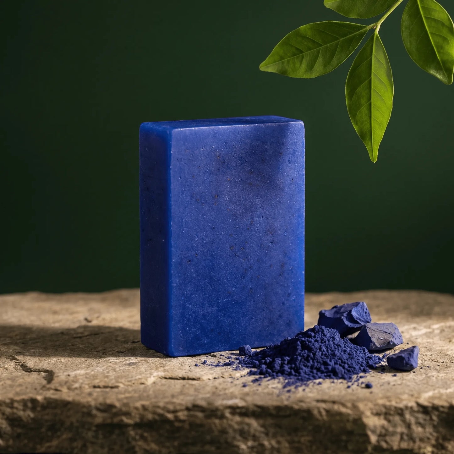 Urban Tree Moroccan Nila Soap with blue nila powder on a stone surface against a deep green botanical background