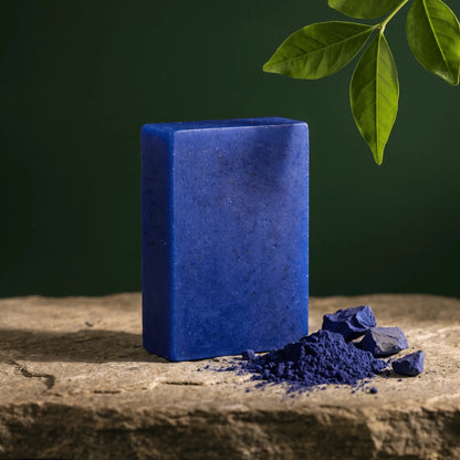 Urban Tree Moroccan Nila Soap with blue nila powder on a stone surface against a deep green botanical background