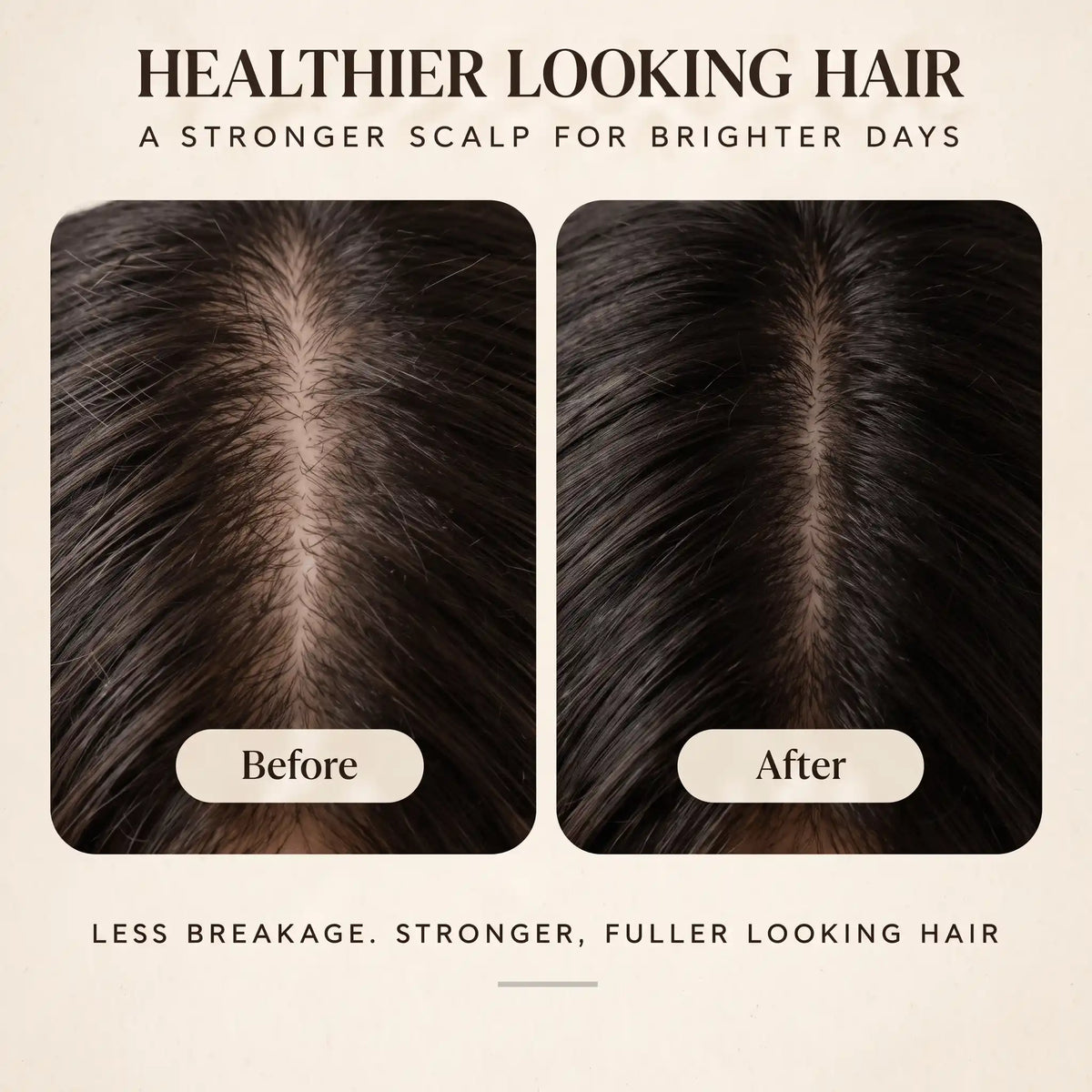 Urban Tree Organic Hair Oil with Rosemary 100ml, illustrative before and after of a scalp parting looking fuller