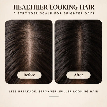 Urban Tree Organic Hair Oil with Rosemary 100ml, illustrative before and after of a scalp parting looking fuller
