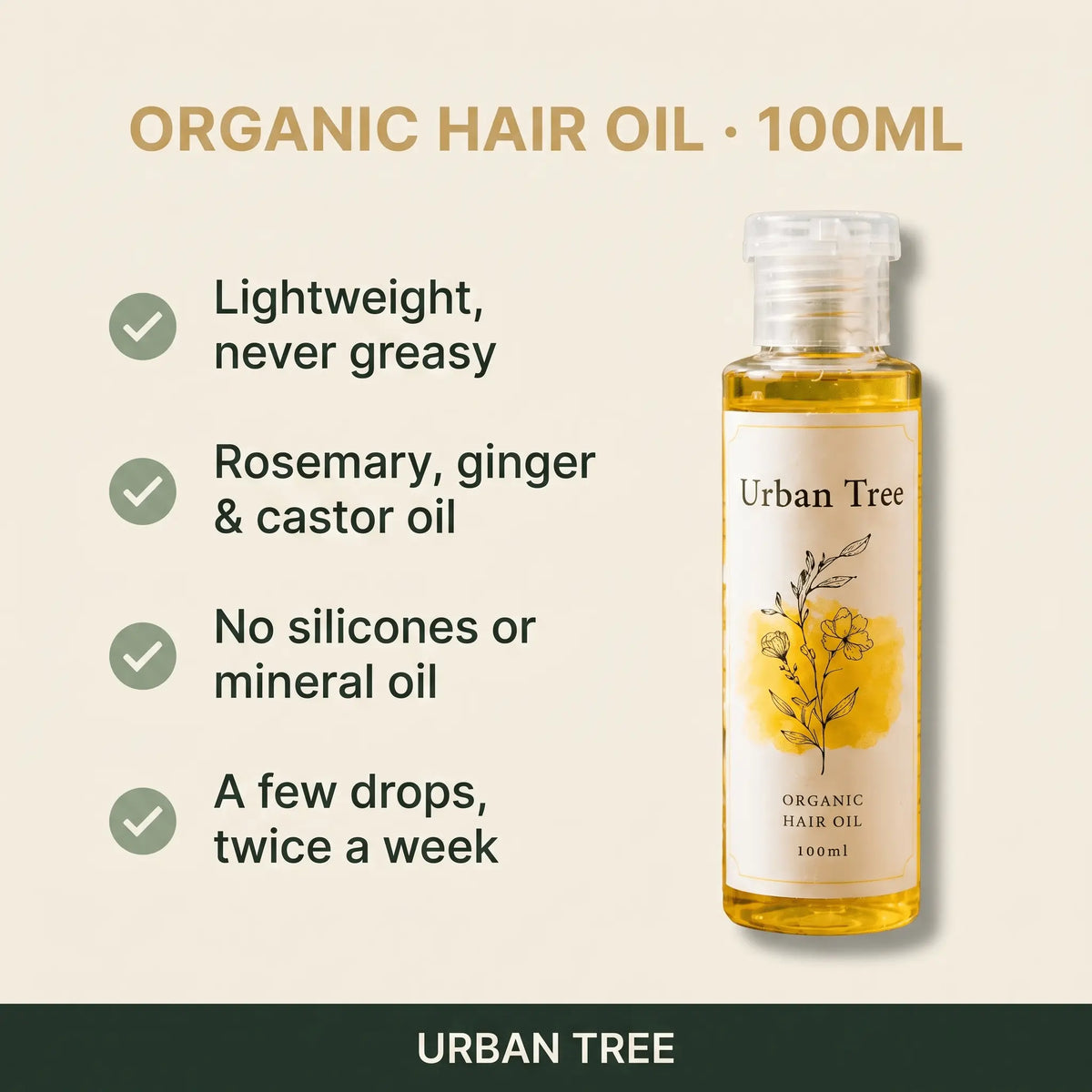 Urban Tree Organic Hair Oil benefits including lightweight feel and no silicones or mineral oil