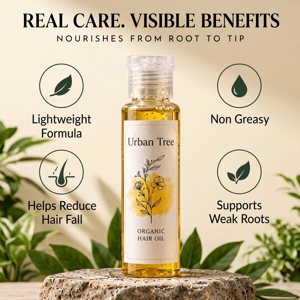 Urban Tree Organic Hair Oil with Rosemary 100ml with four benefit icons: lightweight, non greasy, weak roots, hair fall