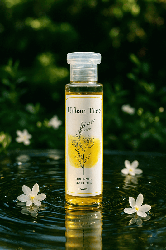 Organic hair oil bottle standing on calm water surrounded by white flowers – natural lightweight oil that nourishes and strengthens hair, Urban Tree Pakistan.