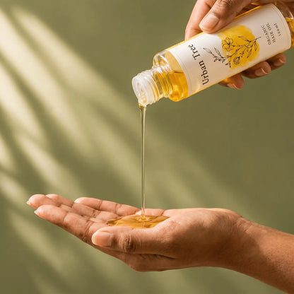 Lightweight non greasy Urban Tree Organic Hair Oil poured into a palm