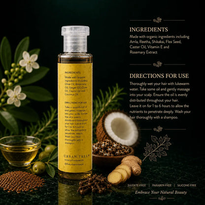 Organic Hair Oil by Urban Tree with natural ingredients for thicker healthier shinier hair in Pakistan