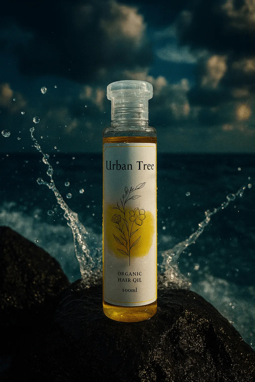 Organic Hair Oil by Urban Tree – pure botanical blend captured with ocean splash symbolizing strength, shine, and scalp health.