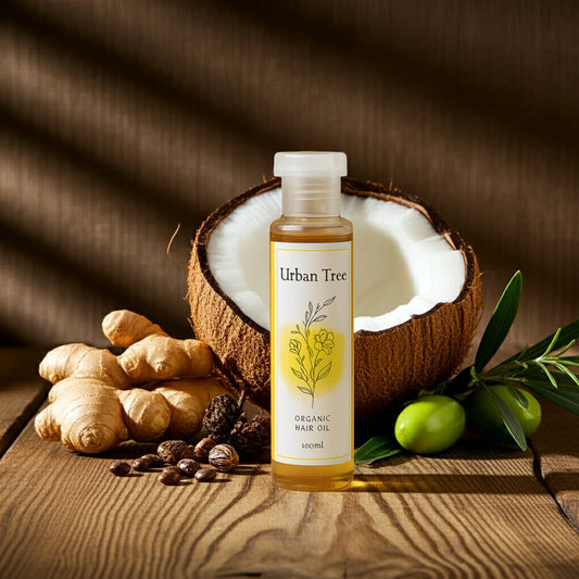 Urban Tree Organic Hair Oil ingredients – coconut, olive, ginger, and rosemary for natural hair growth and scalp repair.