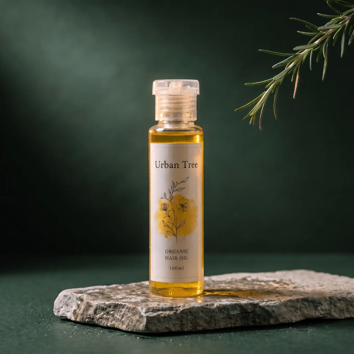 Urban Tree Organic Hair Oil with Rosemary 100ml bottle on a stone slab with a rosemary sprig, deep green backdrop