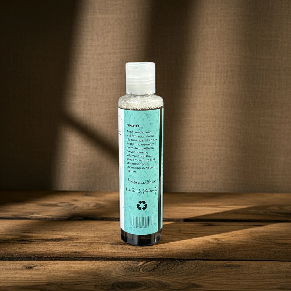 Organic Shampoo benefits label of Urban Tree highlighting hair nourishment with amla, reetha, flax seed, and rosemary for strength and shine.