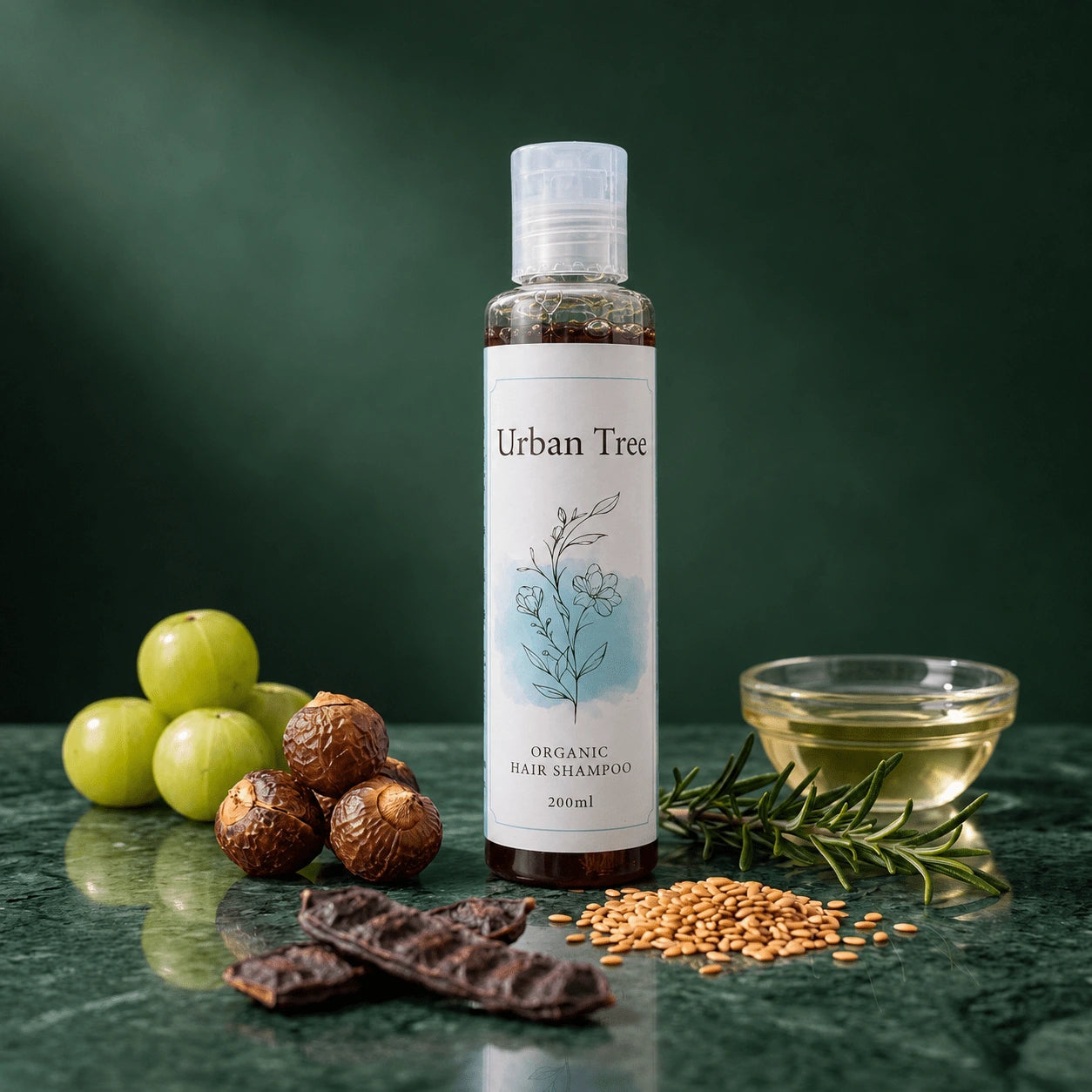 Urban Tree Organic Hair Shampoo 200ml bottle on green marble beside amla, reetha soapnuts, shikakai pods, flaxseed and rosemary