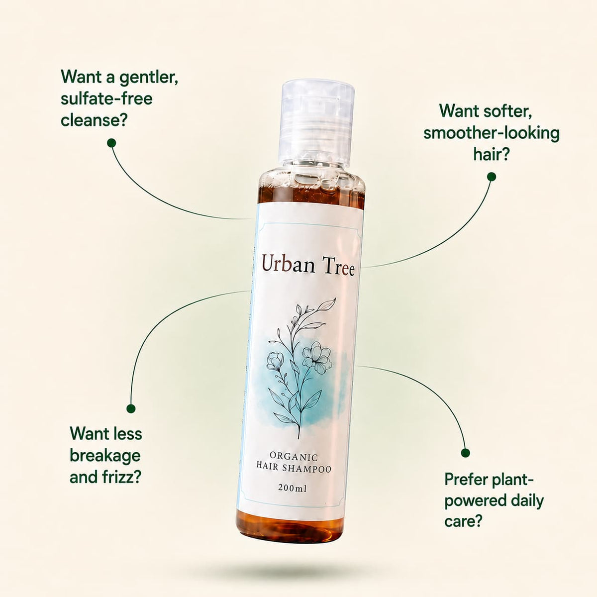 Urban Tree Organic Sulfate Free Shampoo 200ml with callouts for a gentler cleanse, softer hair and less frizz
