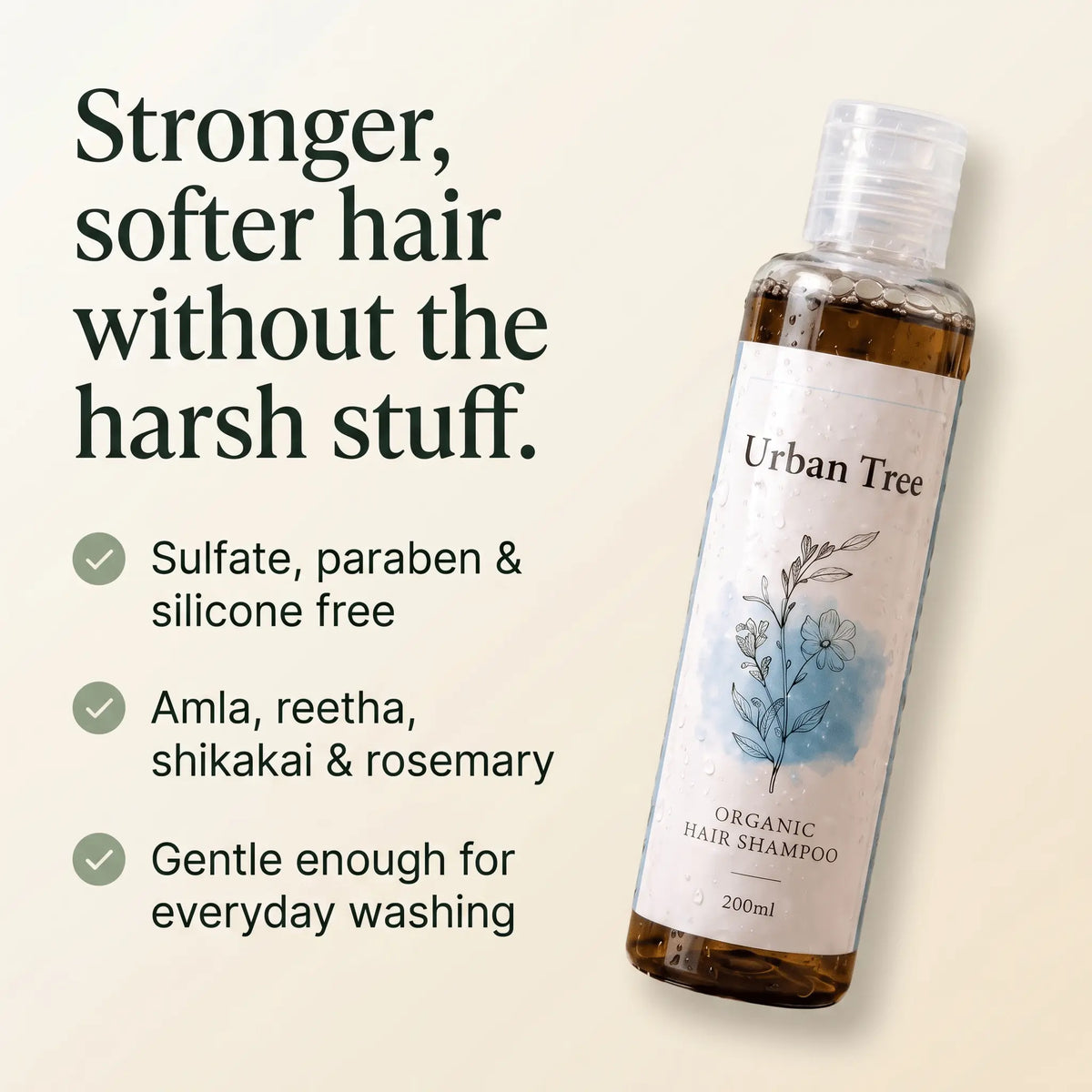 Urban Tree Organic Hair Shampoo with key benefits: sulfate, paraben and silicone free, made with amla, reetha, shikakai and rosemary, gentle for everyday washing