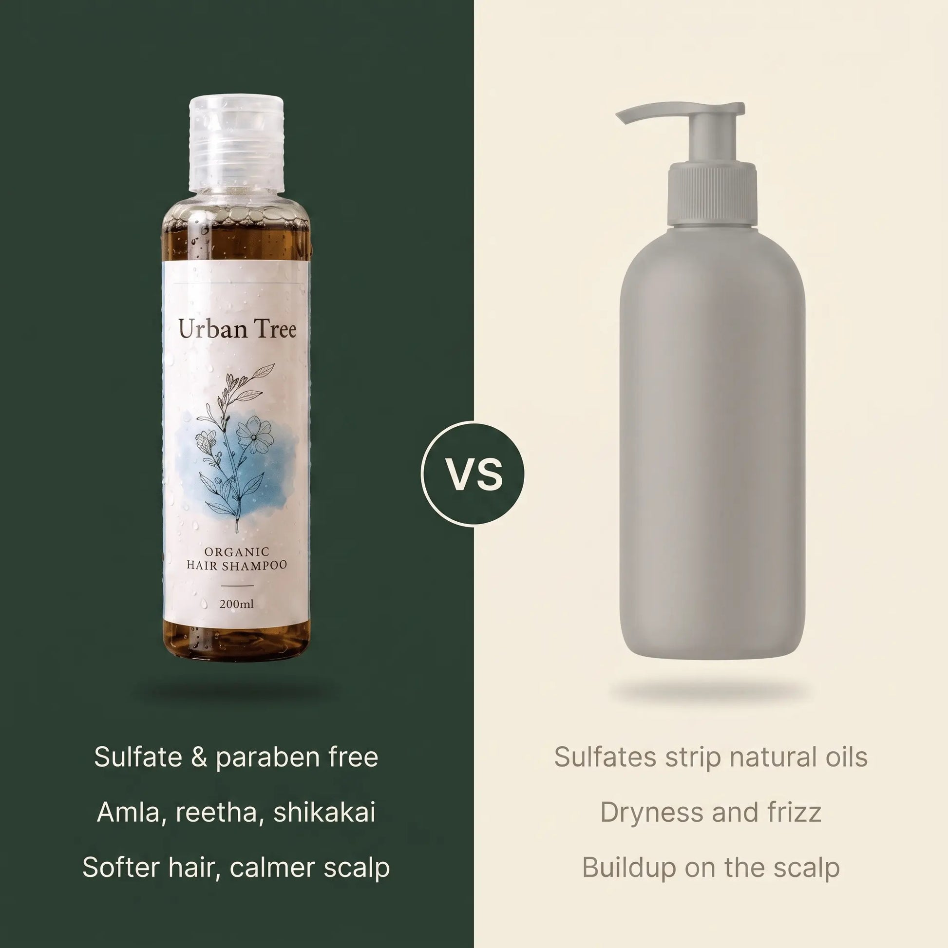 Comparison of Urban Tree Organic Hair Shampoo against a regular sulfate shampoo, showing sulfates strip natural oils and cause dryness, frizz and scalp buildup