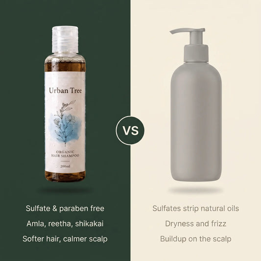 Comparison of Urban Tree Organic Hair Shampoo against a regular sulfate shampoo, showing sulfates strip natural oils and cause dryness, frizz and scalp buildup