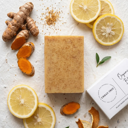 Turmeric Kojic Acid Soap with turmeric extract and citrus ingredients for brightening skin and daily cleansing by Urban Tree