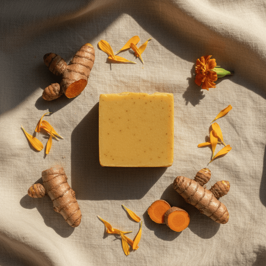 Turmeric soap bar surrounded by turmeric roots, yellow petals, and a marigold flower on beige fabric – handmade brightening soap for glowing skin, Urban Tree Pakistan.