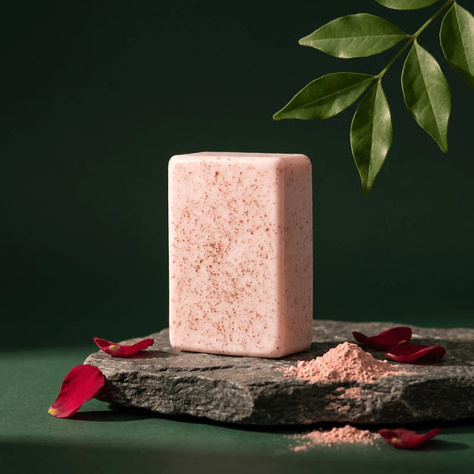 Urban Tree Acne Rescue Soap, speckled pink bar on a stone slab with rose petals and pink clay powder