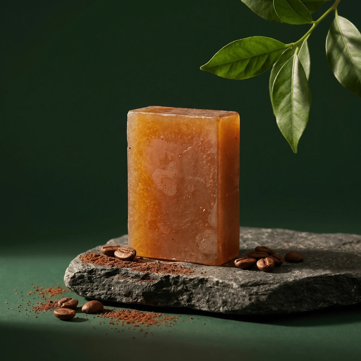 Urban Tree Coffee Soap, amber exfoliating bar on a stone slab with roasted coffee beans and ground coffee